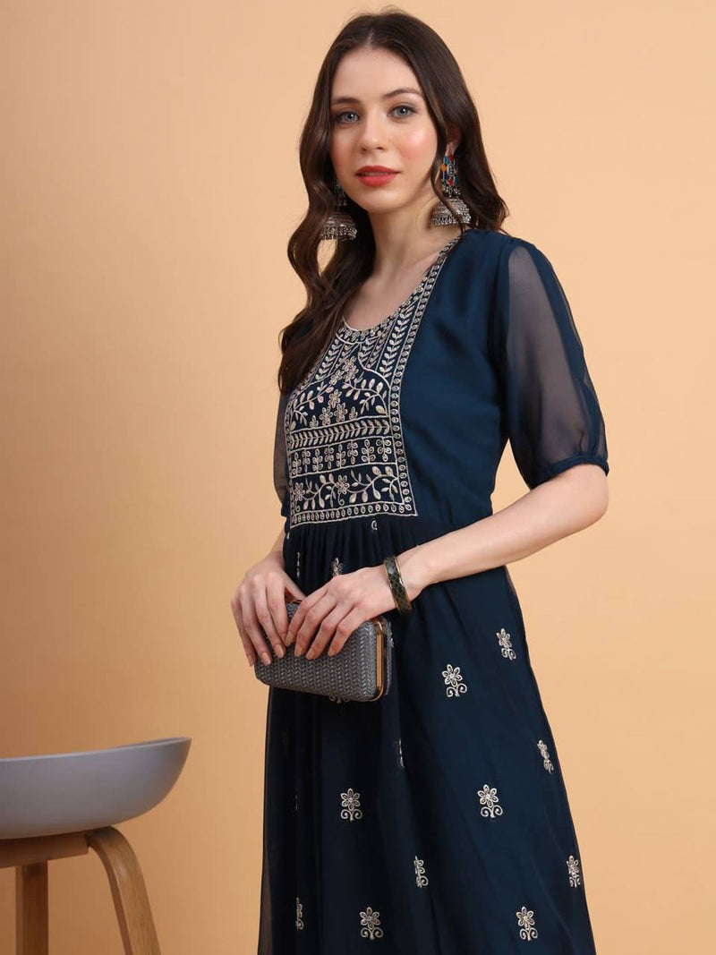 Navy Blue Embroidered Georgette Straight Kurti