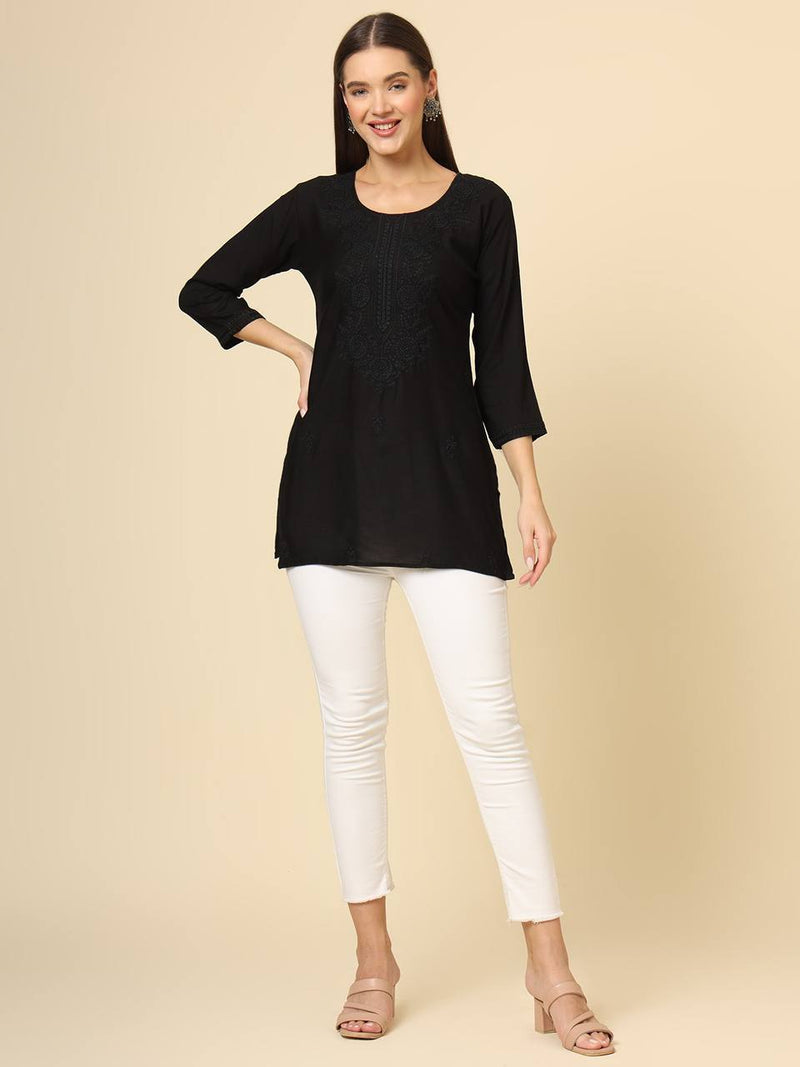 Black Cotton Chicken Kari Work Kurti