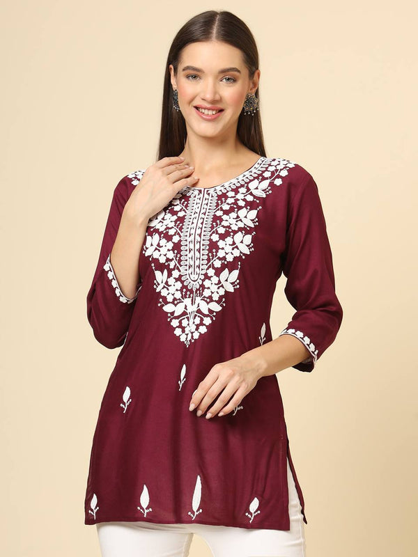 Wine Cotton Short Chicken Kari Work Kurti