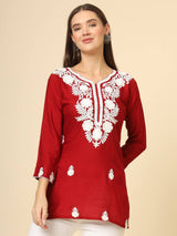 Red Cotton Short Embroidered Kurti