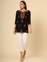 Black Embroidered Cotton Short Kurti