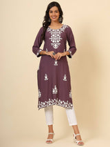 Purple Floral Embroidered Liva Rayon Straight Kurti