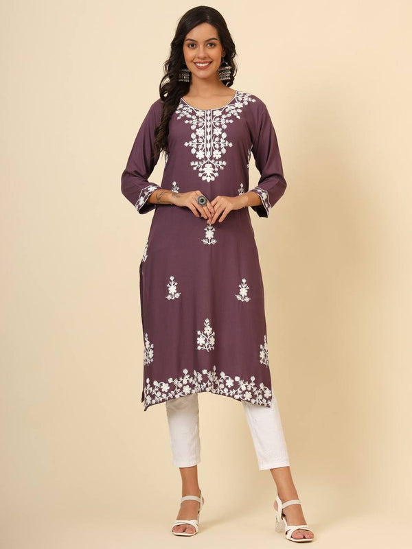 Purple Floral Embroidered Liva Rayon Straight Kurti