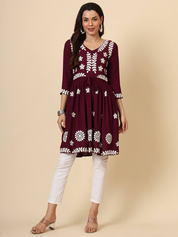 Maroon Embroidered Cotton Kurti