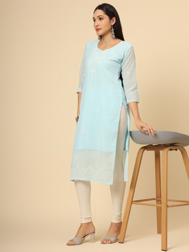 Sky Blue Embroidered Georgette Straight Kurti Crepe Inner