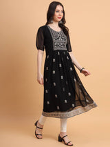 Black Embroidered Georgette Straight Kurti