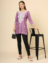 Purple Cotton Short Chicken Kari Work Kurti