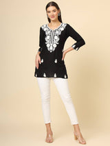 Black Cotton Short Embroidered Kurti