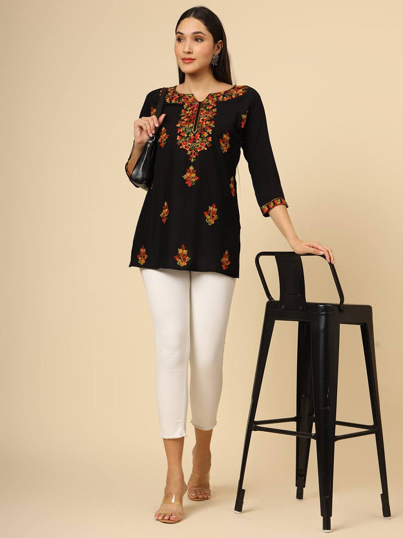 Black Embroidered Cotton Short Kurti