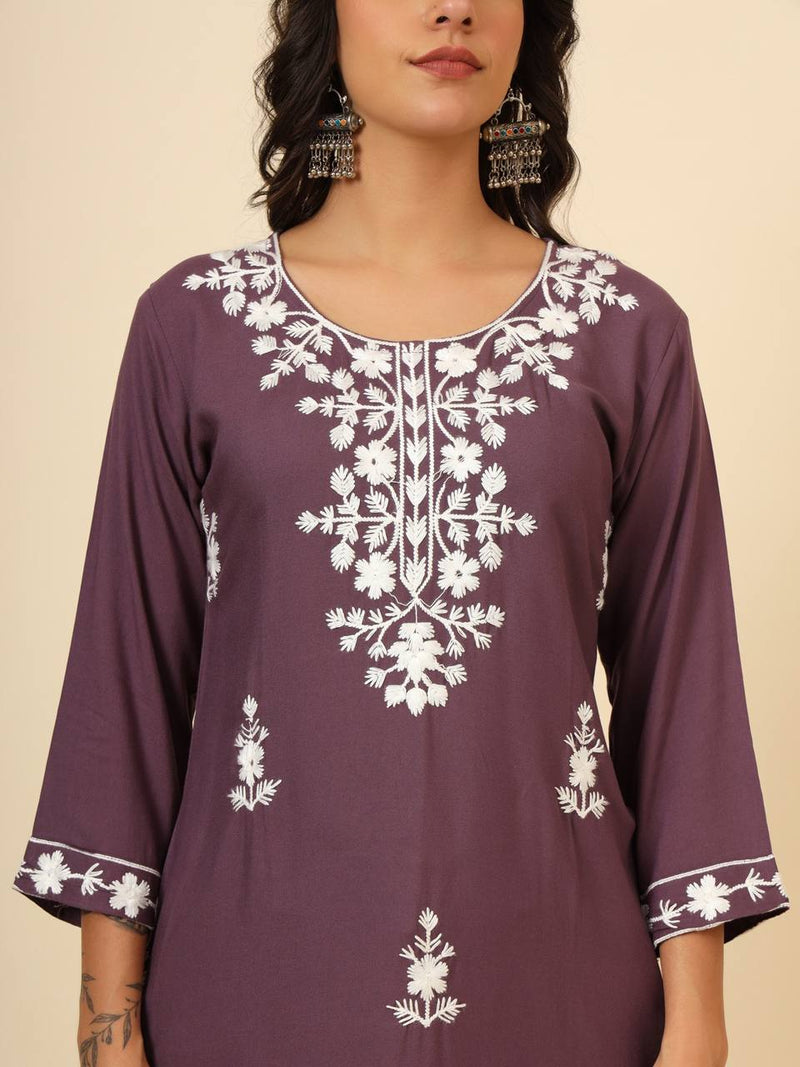 Purple Floral Embroidered Liva Rayon Straight Kurti