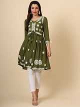 Green Embroidered Cotton Kurti