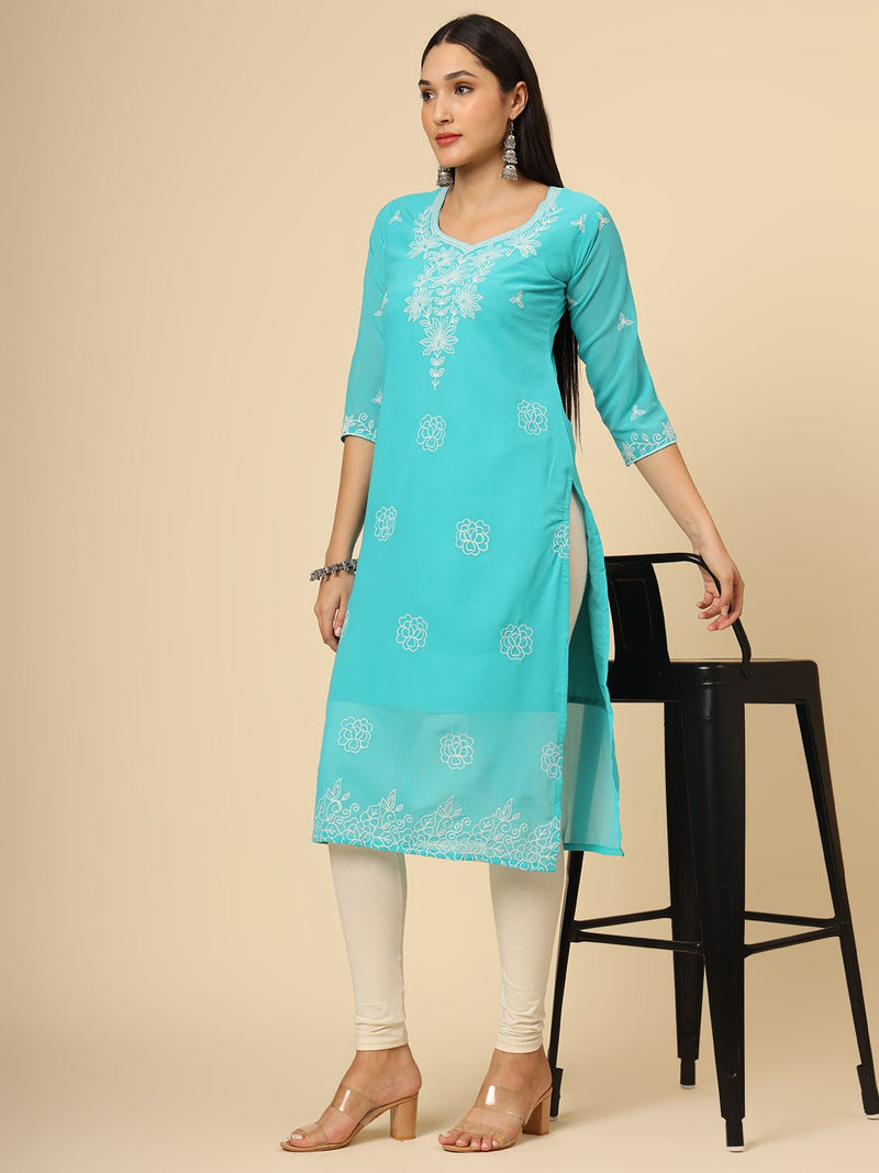 Blue Embroidered Georgette Straight Kurti Crepe Inner