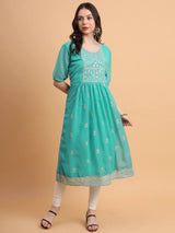 Blue Embroidered Georgette Straight Kurti