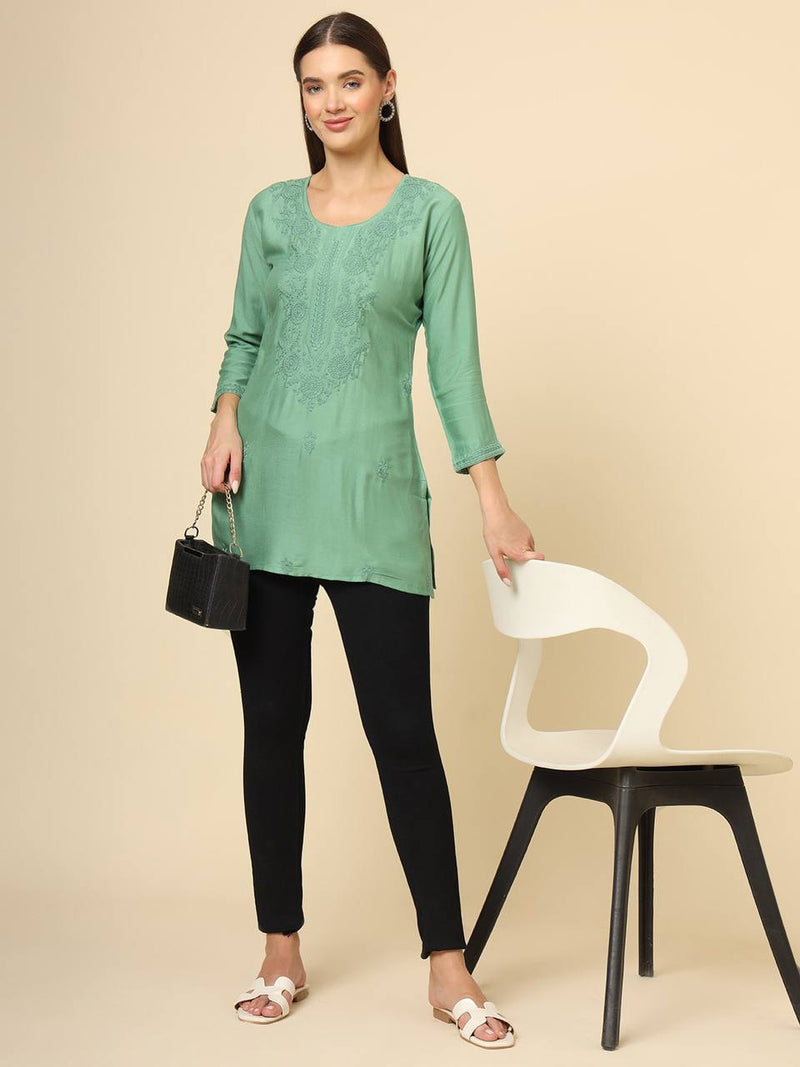 Green Cotton Chicken Kari Work Kurti