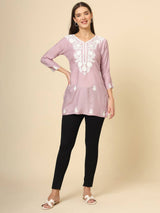 Pink Cotton Short Embroidered Kurti