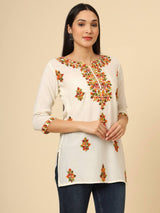 White Embroidered Cotton Short Kurti