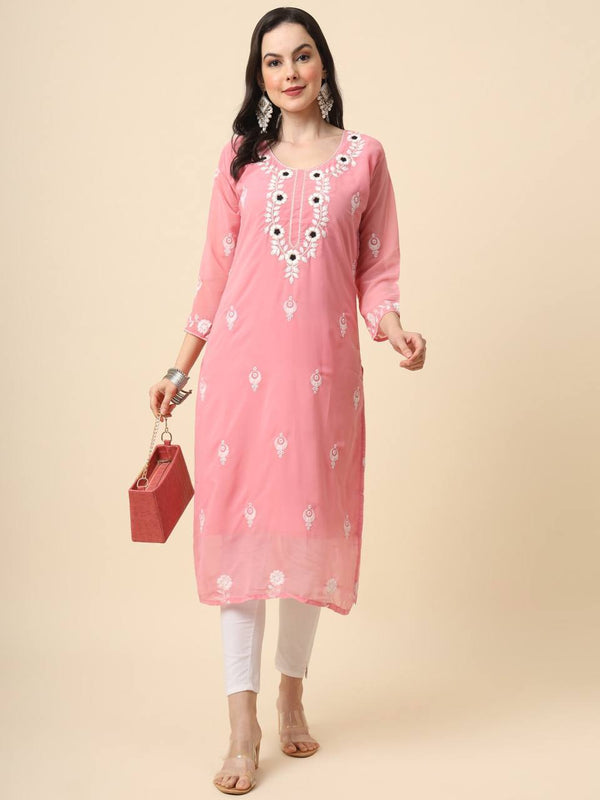 Pink Georgette Embroidered Kurti With Heavy Inner