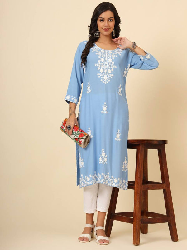 Blue Floral Embroidered Liva Rayon Straight Kurti