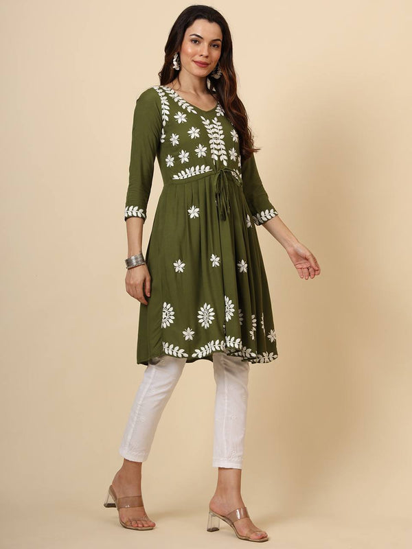 Green Embroidered Cotton Kurti