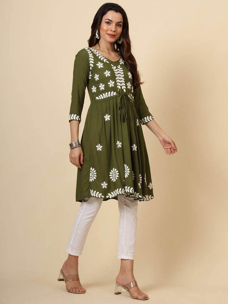 Green Embroidered Cotton Kurti