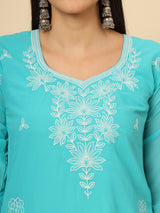 Blue Embroidered Georgette Straight Kurti Crepe Inner