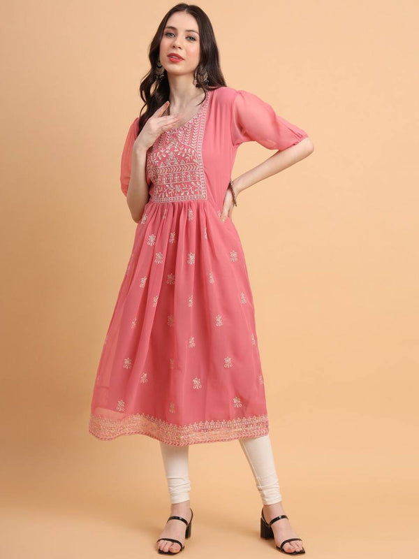 Pink Embroidered Georgette Straight Kurti