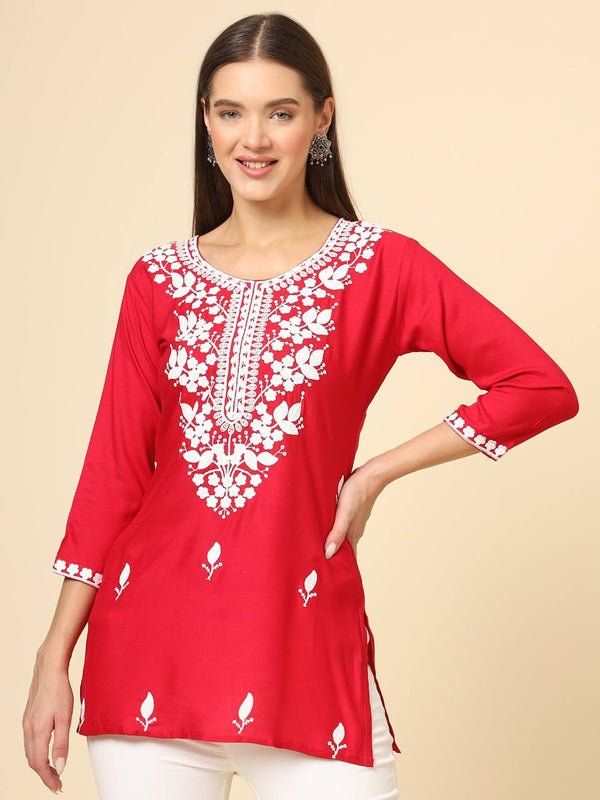 Red Cotton Short Chicken Kari Work Kurti