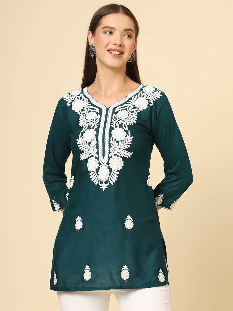 Teal Cotton Short Embroidered Kurti