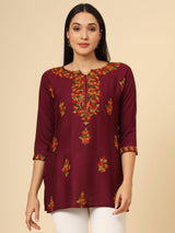 Maroon Embroidered Cotton Short Kurti