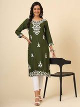 Green Floral Embroidered Liva Rayon Straight Kurti