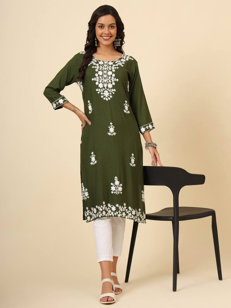 Green Floral Embroidered Liva Rayon Straight Kurti