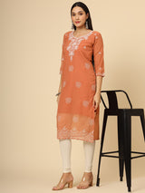 Orange Embroidered Georgette Straight Kurti Crepe Inner