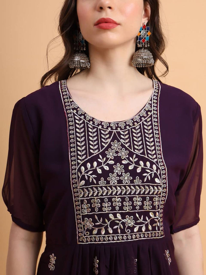 Wine Embroidered Georgette Straight Kurti