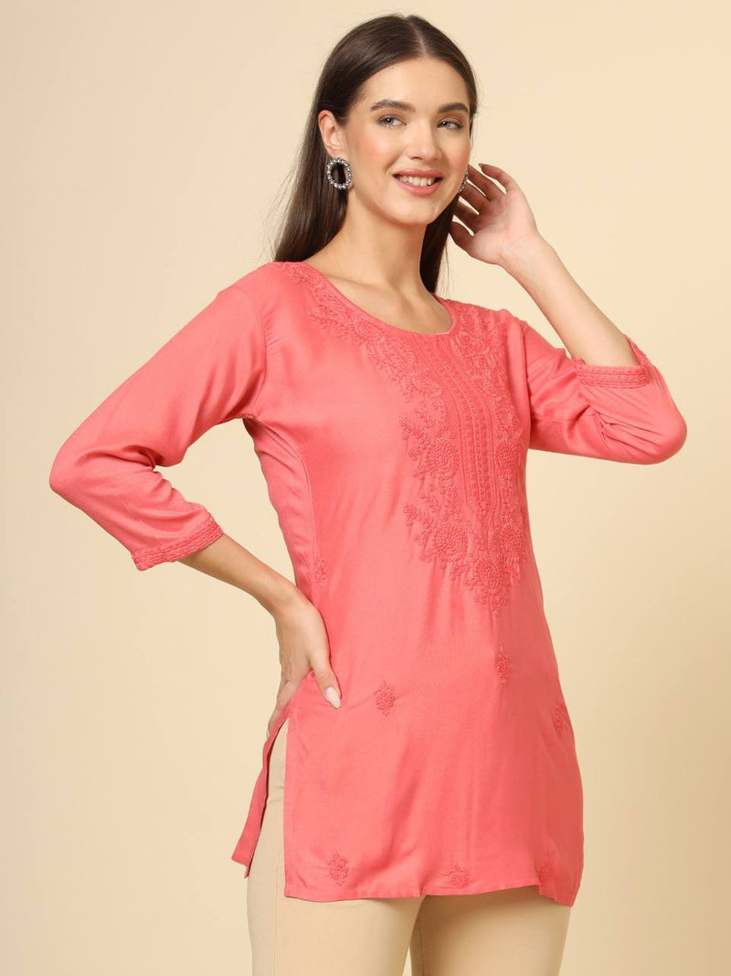 Rust Cotton Chicken Kari Work Kurti