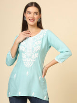 Blue Cotton Short Chicken Kari Work Kurti