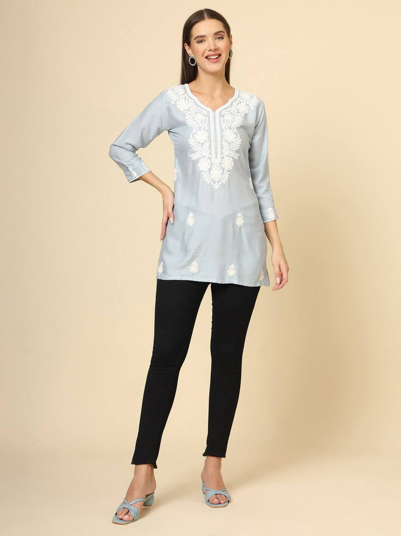 Grey Cotton Short Embroidered Kurti