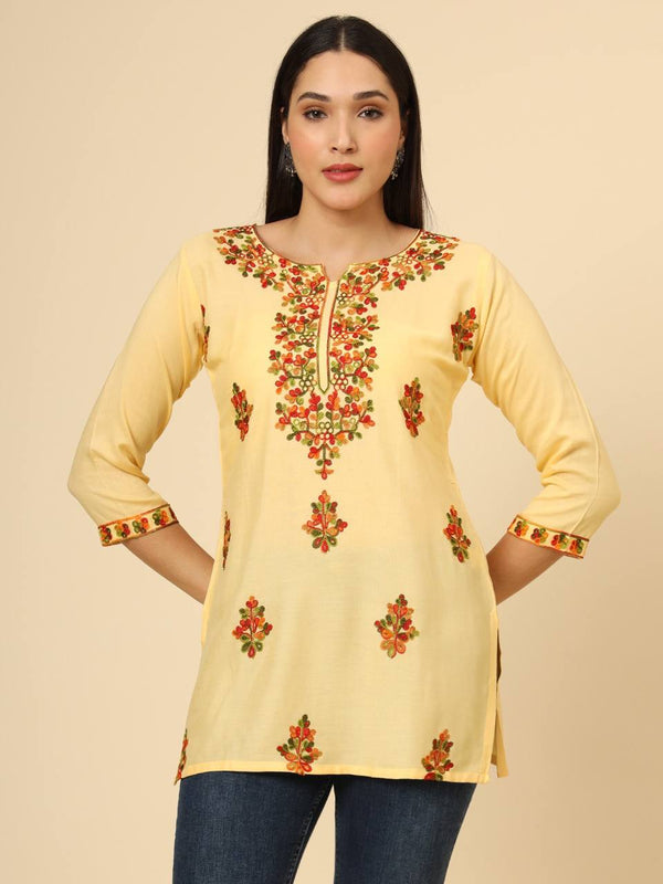 Yellow Embroidered Cotton Short Kurti