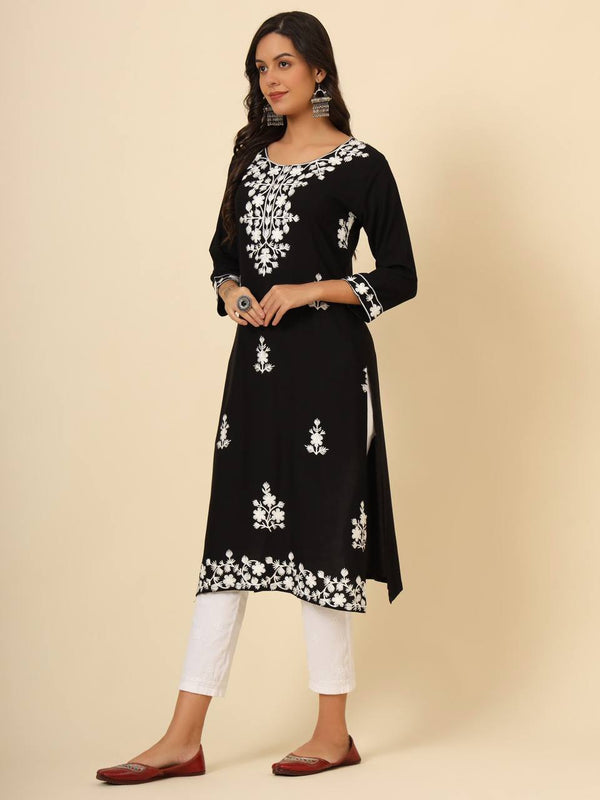 Black Floral Embroidered Liva Rayon Straight Kurti