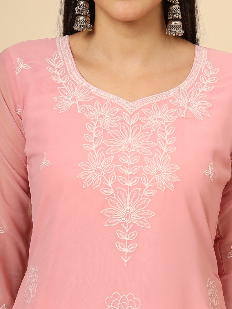 Pink Embroidered Georgette Straight Kurti Crepe Inner