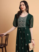 Green Embroidered Georgette Straight Kurti