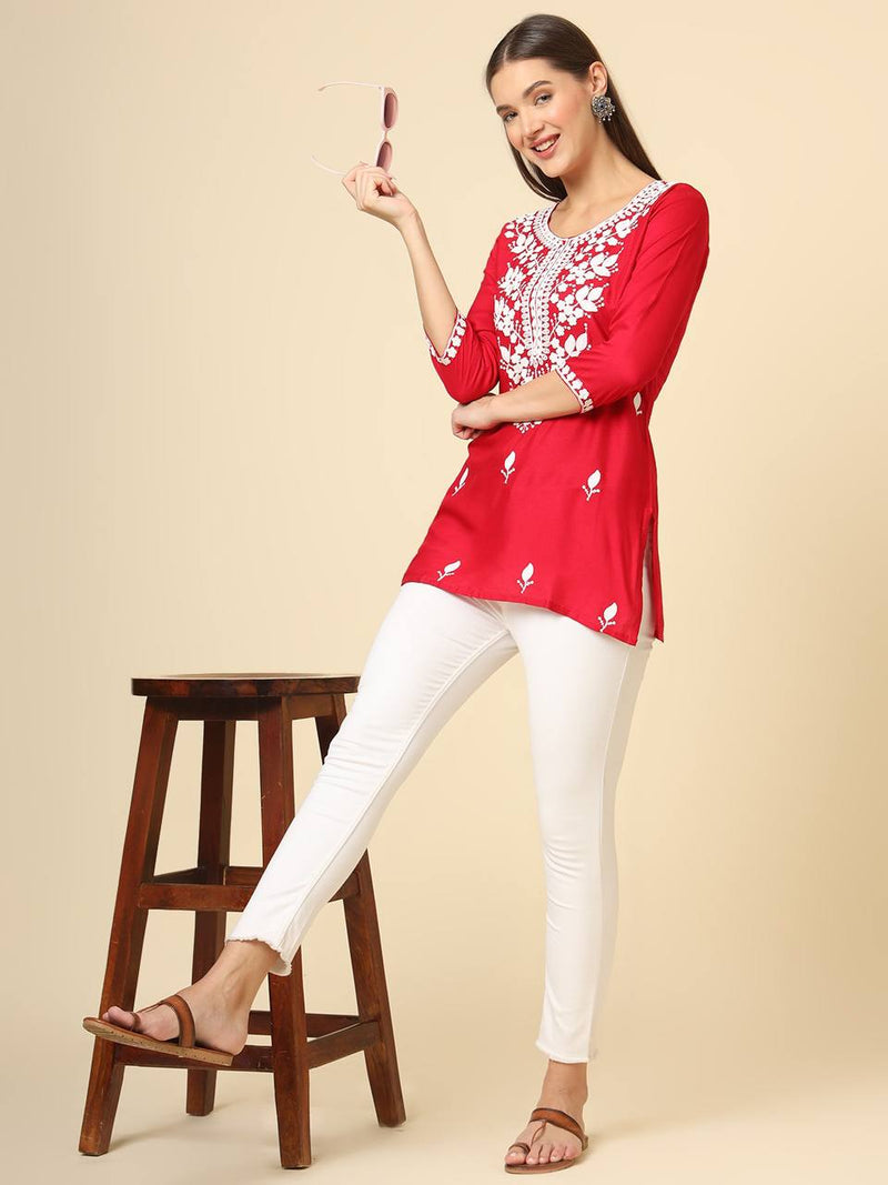 Red Cotton Short Chicken Kari Work Kurti