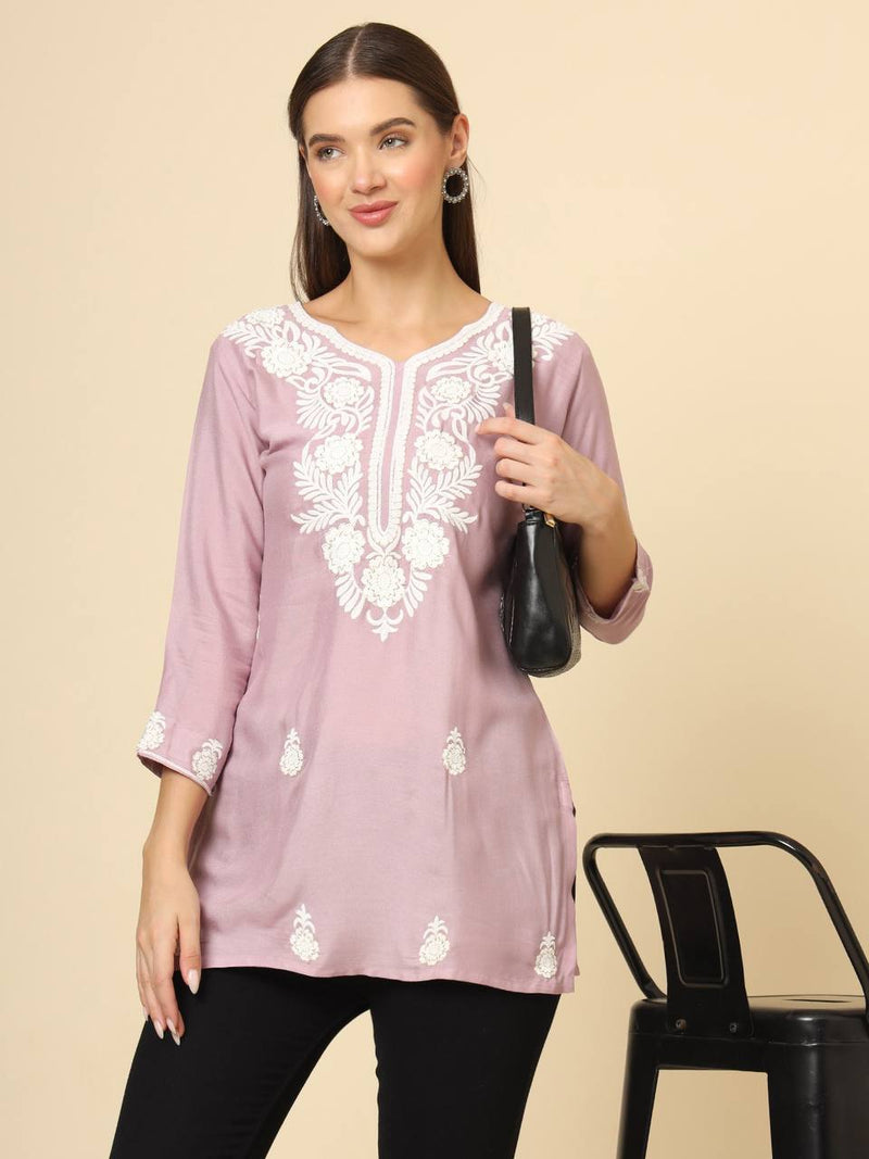 Pink Cotton Short Embroidered Kurti