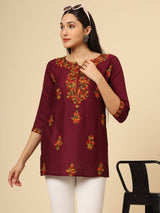 Maroon Embroidered Cotton Short Kurti