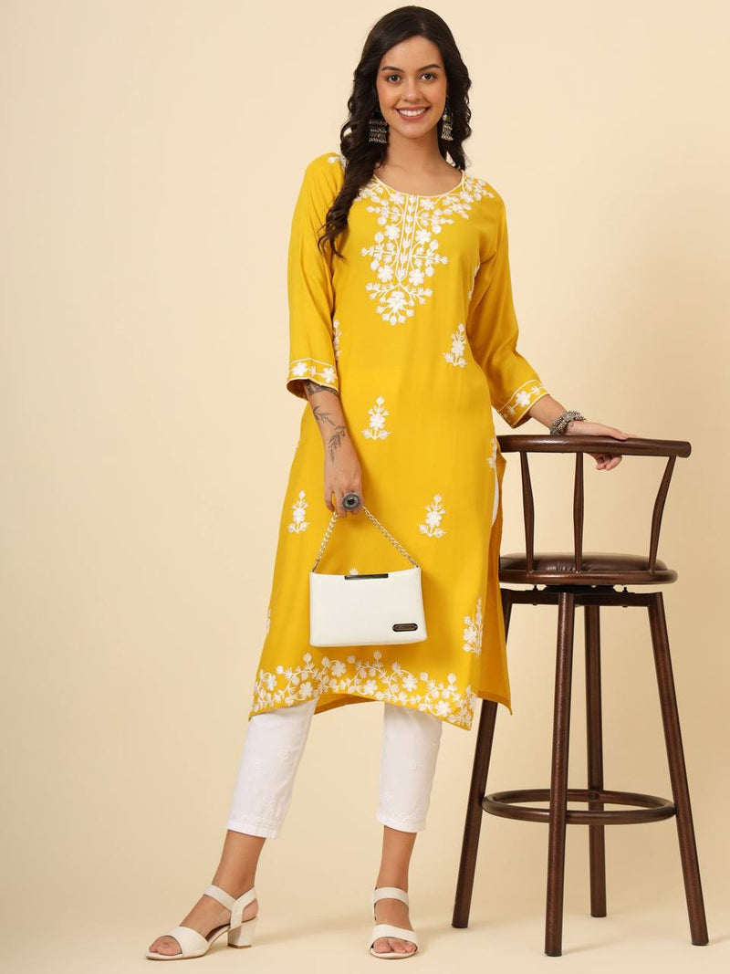 Yellow Floral Embroidered Liva Rayon Straight Kurti