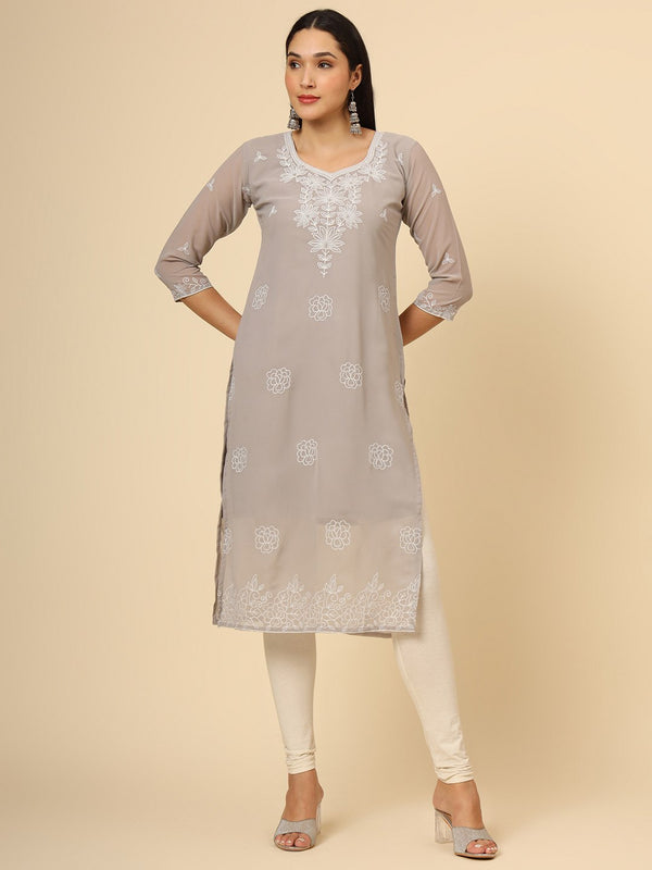 Grey Embroidered Georgette Straight Kurti Crepe Inner