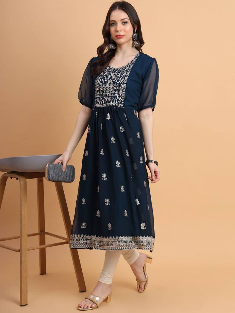 Navy Blue Embroidered Georgette Straight Kurti