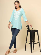 Blue Cotton Short Chicken Kari Work Kurti