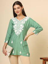 Green Cotton Short Embroidered Kurti