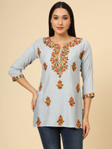 Grey Embroidered Cotton Short Kurti