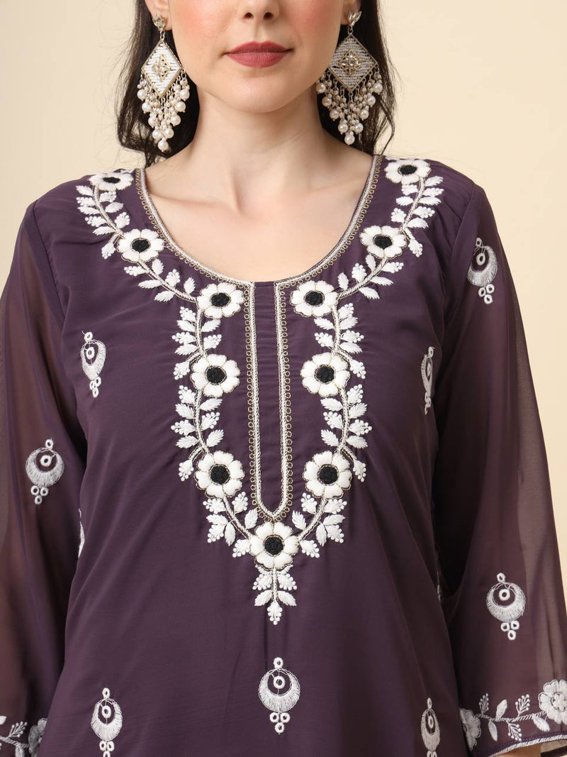 Lavender Georgette Embroidered Kurti With Heavy Inner